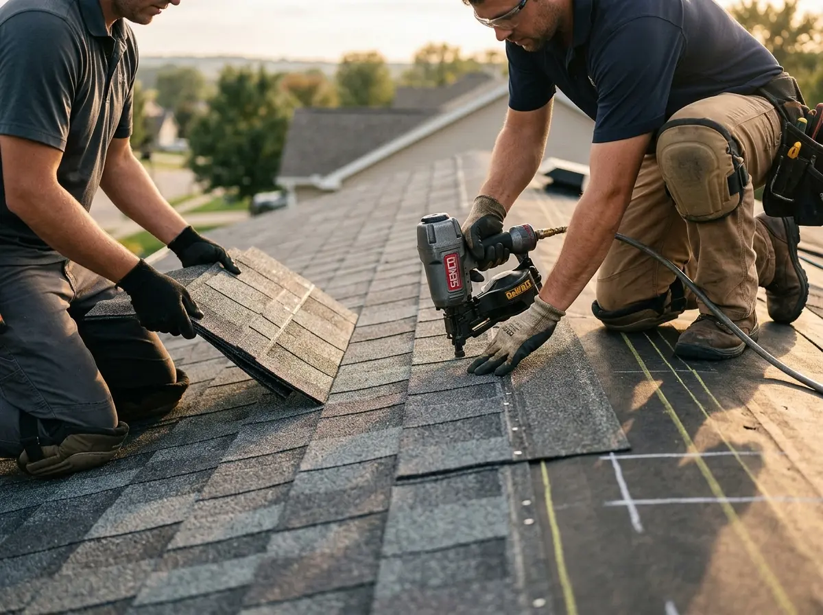 Professional roofer working on a residential roof in Arlington Heights